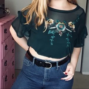 mesh embroidered ruffle sleeve top